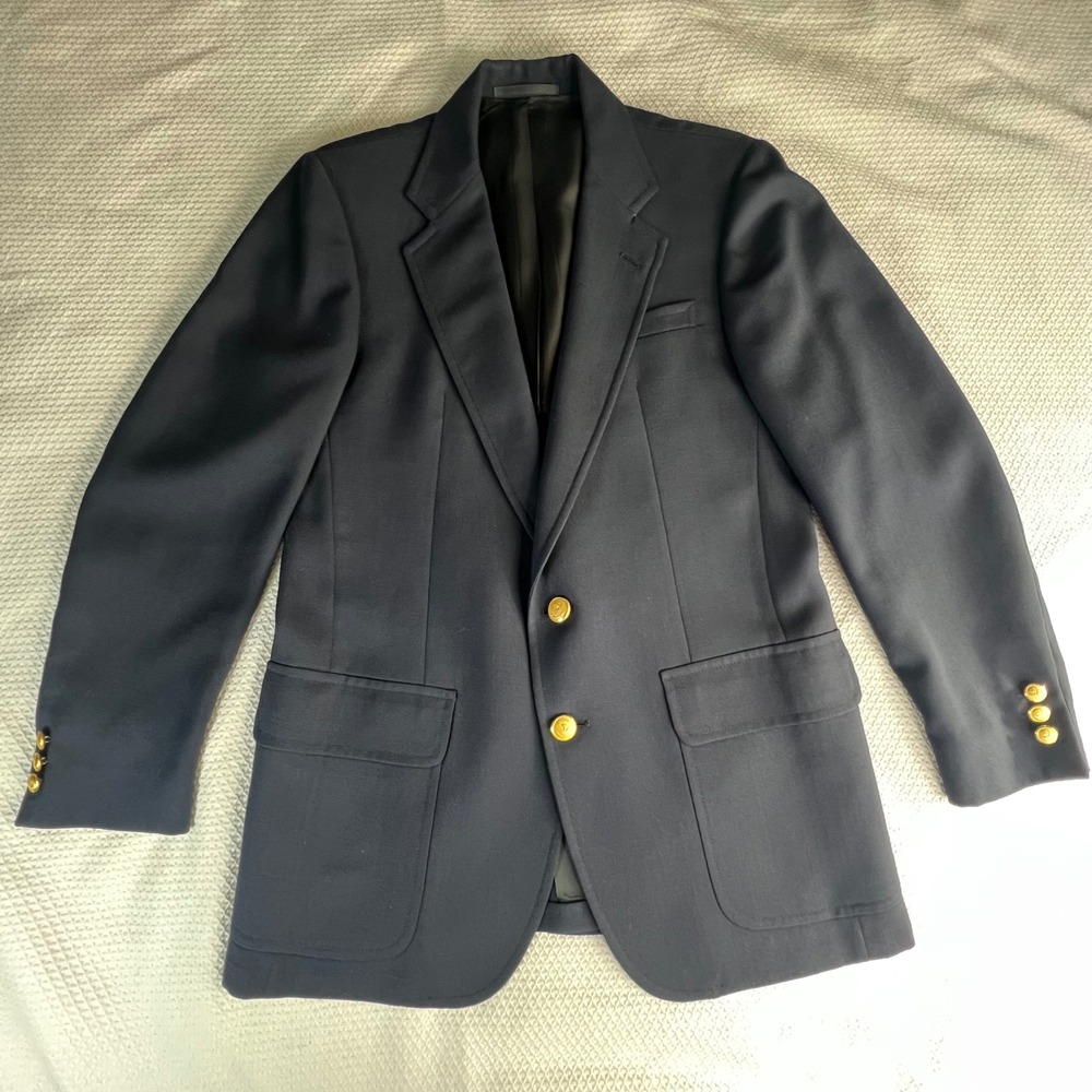 Stanley‎ Blacker LS Ayres Indiana Mens Navy Gold Button Blazer Sport Coat Jacket